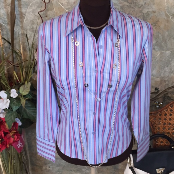 Ninety 🌹Shirt top blouse tunic striped shape flattering 4 button cuff - Picture 2 of 8